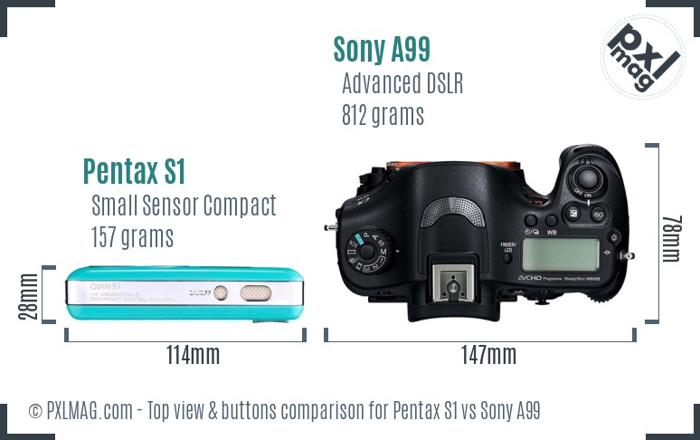 Pentax S1 vs Sony A99 top view buttons comparison