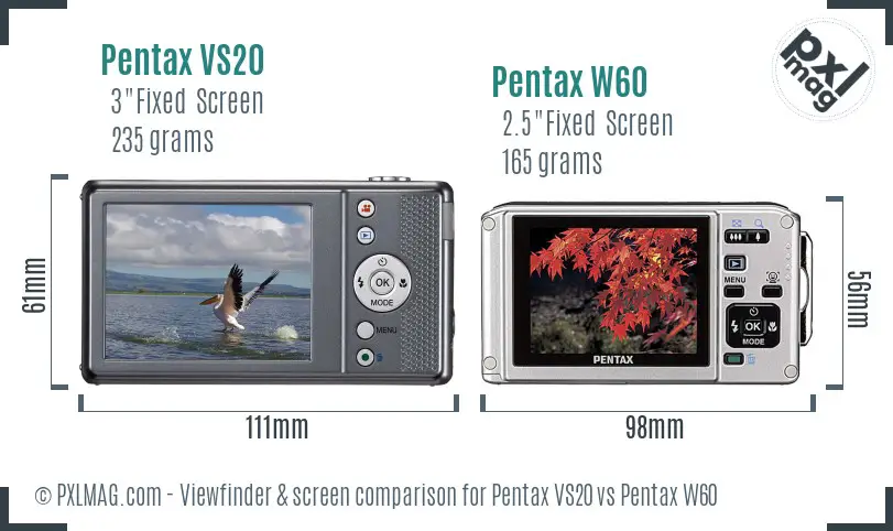 Pentax VS20 vs Pentax W60 Screen and Viewfinder comparison