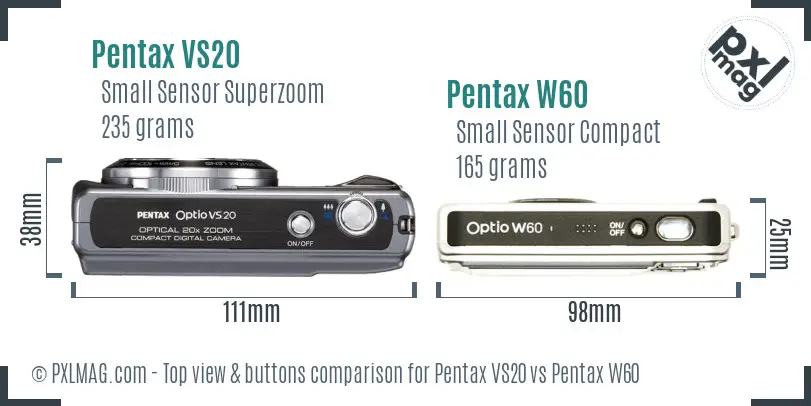 Pentax VS20 vs Pentax W60 top view buttons comparison