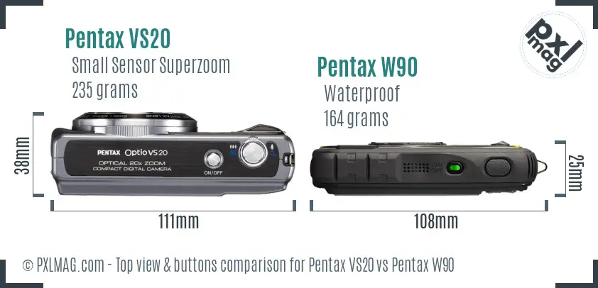 Pentax VS20 vs Pentax W90 top view buttons comparison