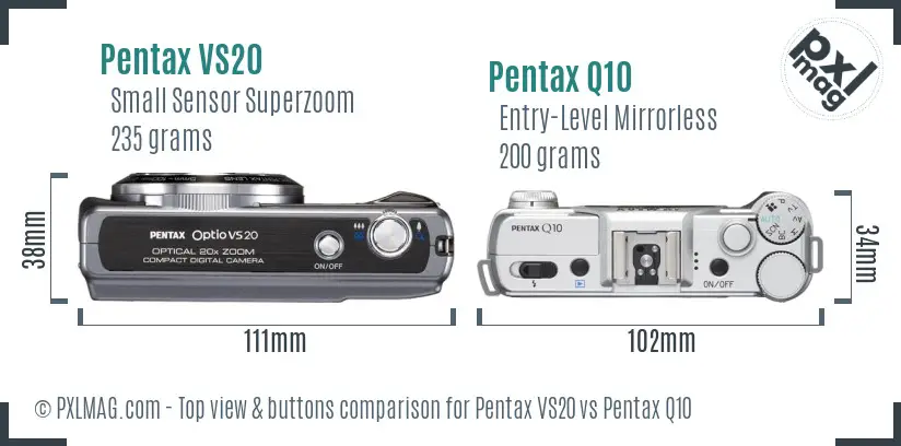 Pentax VS20 vs Pentax Q10 top view buttons comparison