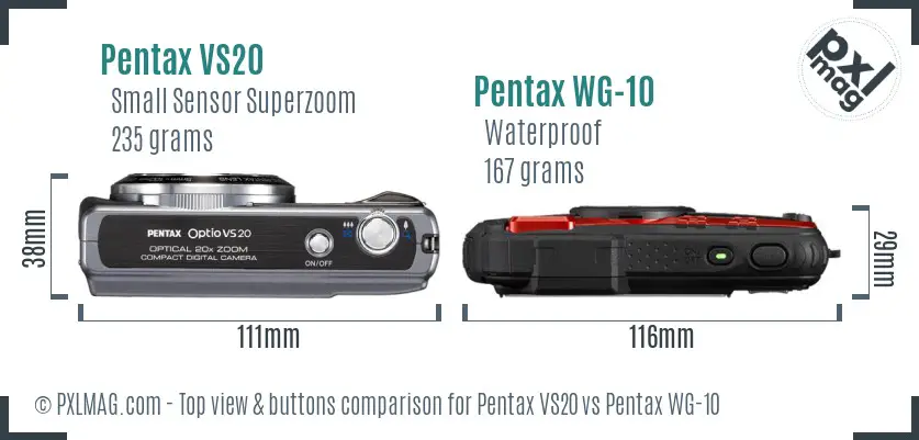 Pentax VS20 vs Pentax WG-10 top view buttons comparison Pentax VS20 vs Pentax WG-10 top view buttons comparison