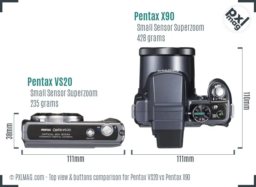 Pentax VS20 vs Pentax X90 top view buttons comparison