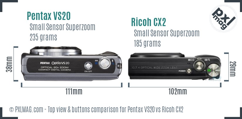 Pentax VS20 vs Ricoh CX2 top view buttons comparison