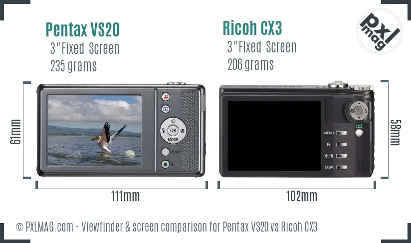 Pentax VS20 vs Ricoh CX3 Screen and Viewfinder comparison