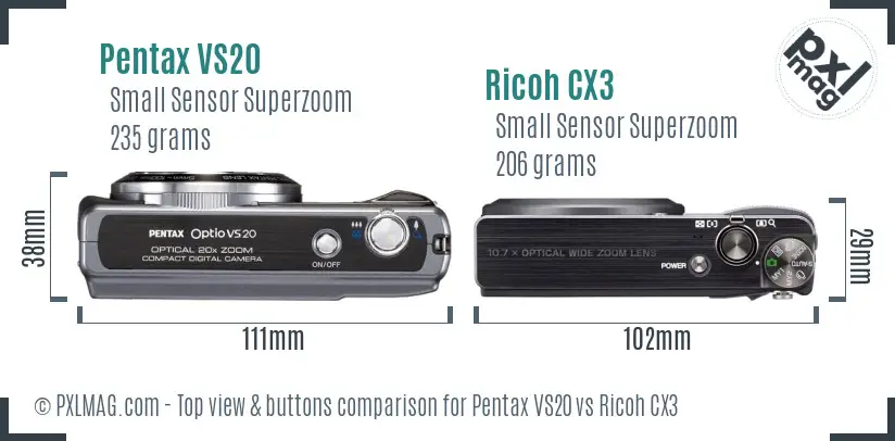 Pentax VS20 vs Ricoh CX3 top view buttons comparison