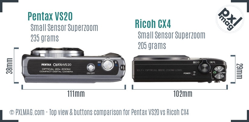 Pentax VS20 vs Ricoh CX4 top view buttons comparison
