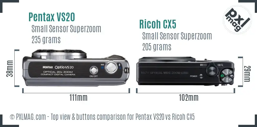 Pentax VS20 vs Ricoh CX5 top view buttons comparison Pentax VS20 vs Ricoh CX5 top view buttons comparison