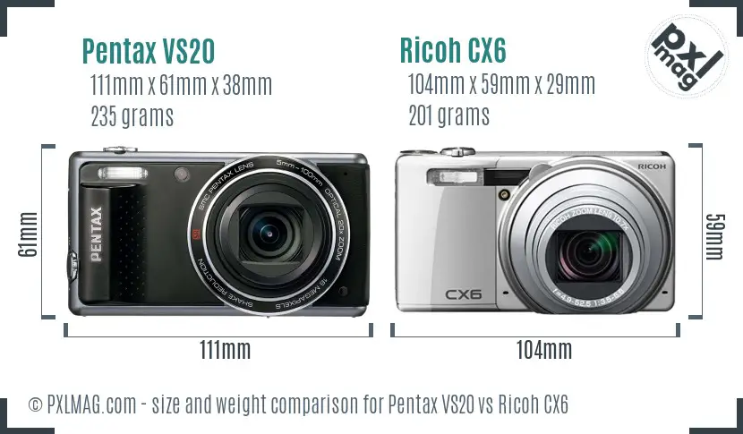 Pentax VS20 vs Ricoh CX6 size comparison