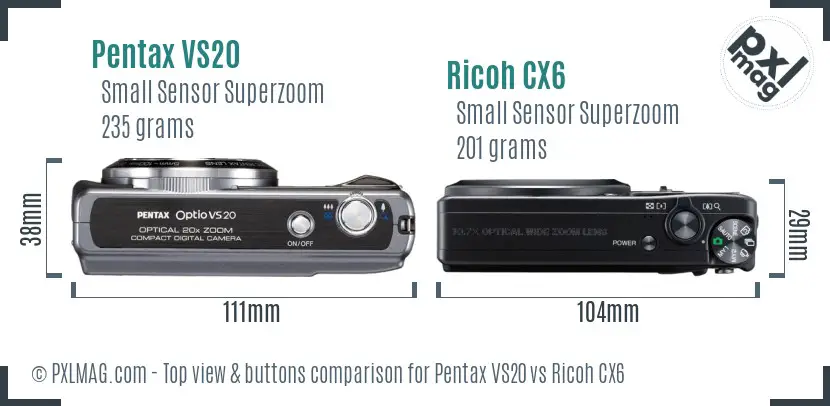 Pentax VS20 vs Ricoh CX6 top view buttons comparison
