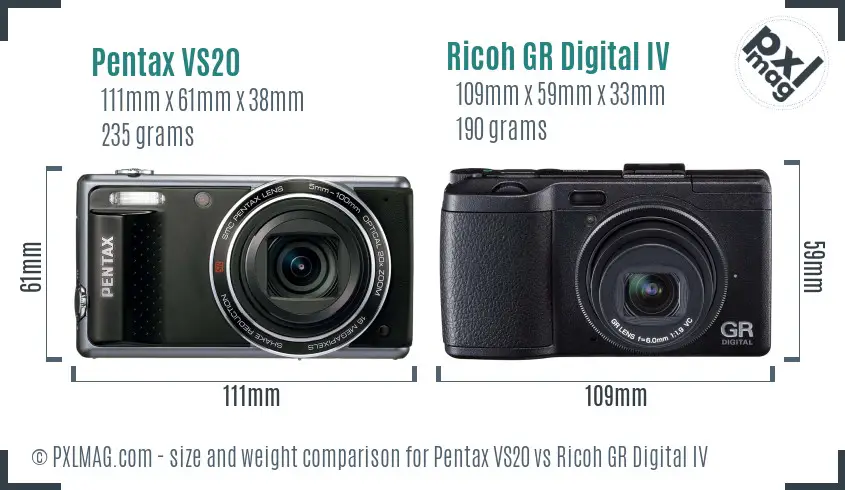 Pentax VS20 vs Ricoh GR Digital IV size comparison