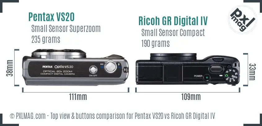 Pentax VS20 vs Ricoh GR Digital IV top view buttons comparison