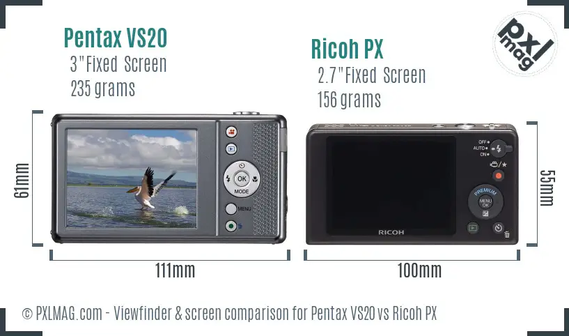 Pentax VS20 vs Ricoh PX Screen and Viewfinder comparison