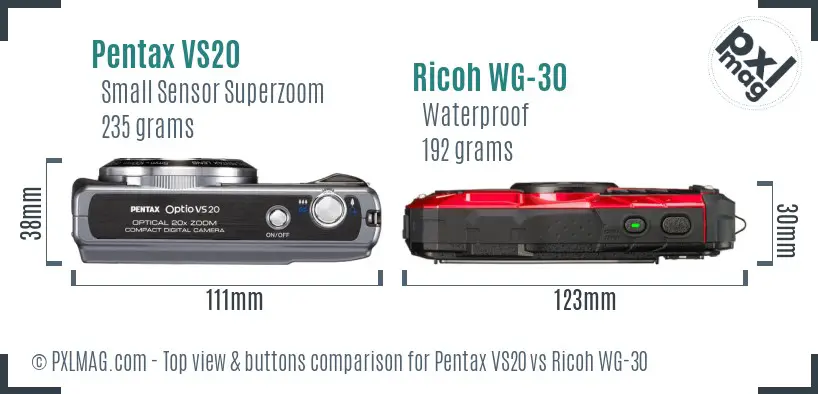 Pentax VS20 vs Ricoh WG-30 top view buttons comparison