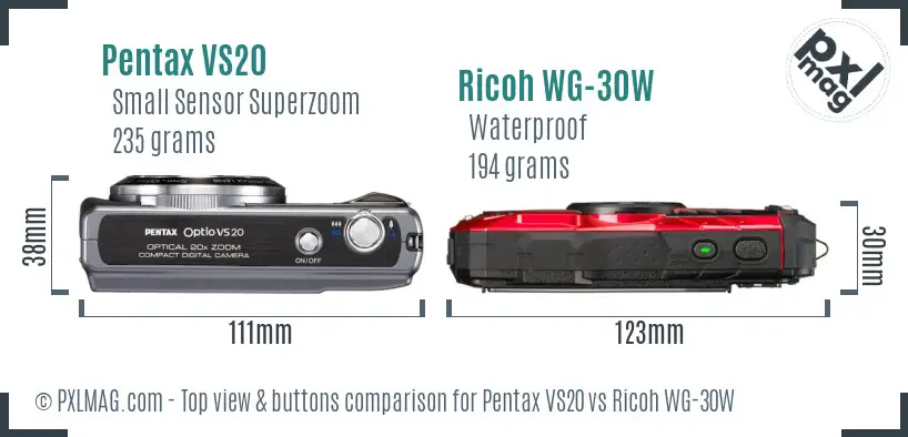 Pentax VS20 vs Ricoh WG-30W top view buttons comparison