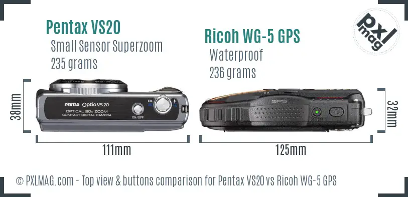 Pentax VS20 vs Ricoh WG-5 GPS top view buttons comparison Pentax VS20 vs Ricoh WG-5 GPS top view buttons comparison