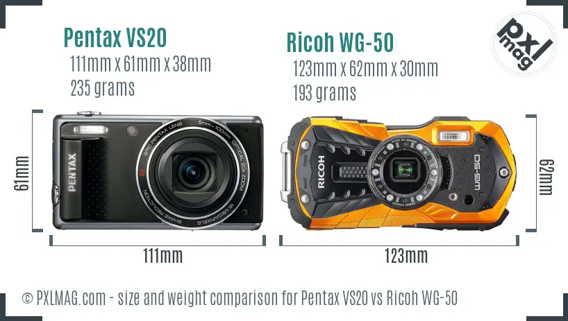 Pentax VS20 vs Ricoh WG-50 size comparison