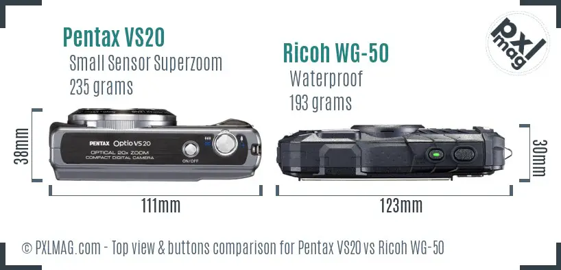 Pentax VS20 vs Ricoh WG-50 top view buttons comparison