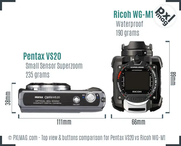 Pentax VS20 vs Ricoh WG-M1 top view buttons comparison