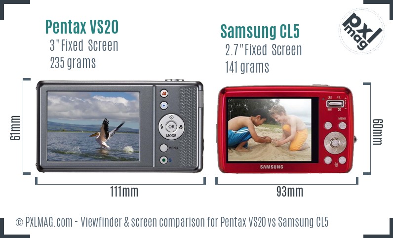 Pentax VS20 vs Samsung CL5 Screen and Viewfinder comparison