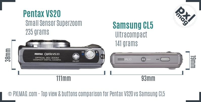 Pentax VS20 vs Samsung CL5 top view buttons comparison
