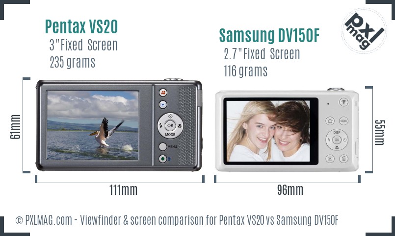 Pentax VS20 vs Samsung DV150F Screen and Viewfinder comparison