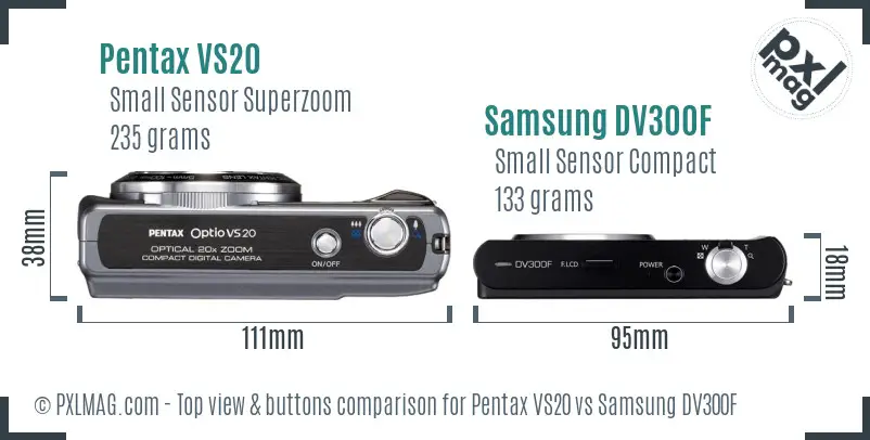Pentax VS20 vs Samsung DV300F top view buttons comparison Pentax VS20 vs Samsung DV300F top view buttons comparison
