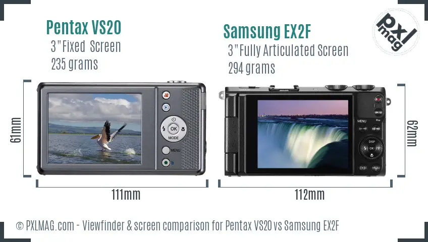 Pentax VS20 vs Samsung EX2F Screen and Viewfinder comparison