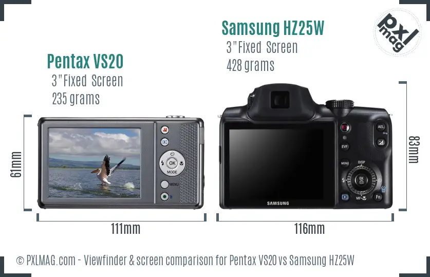 Pentax VS20 vs Samsung HZ25W Screen and Viewfinder comparison