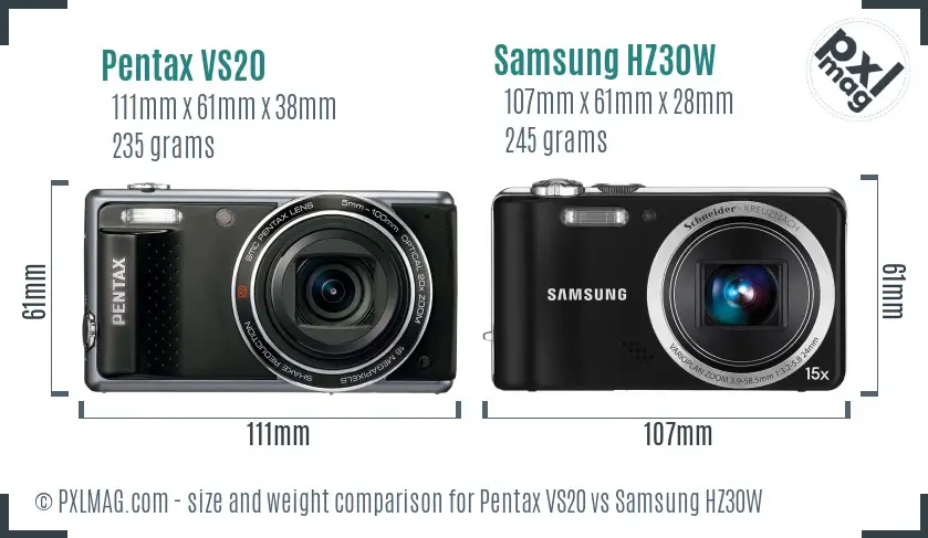 Pentax VS20 vs Samsung HZ30W size comparison