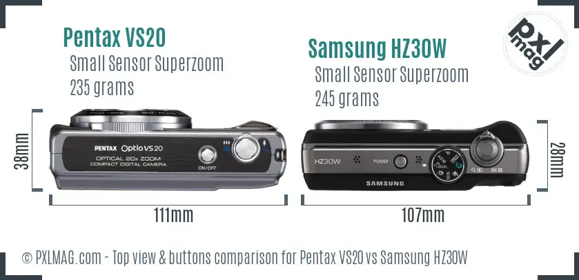 Pentax VS20 vs Samsung HZ30W top view buttons comparison