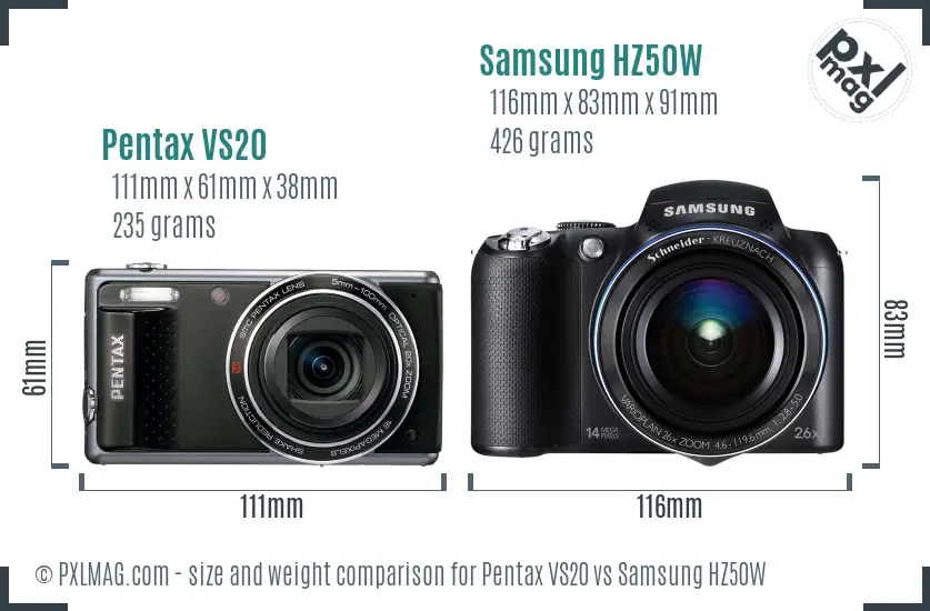 Pentax VS20 vs Samsung HZ50W size comparison