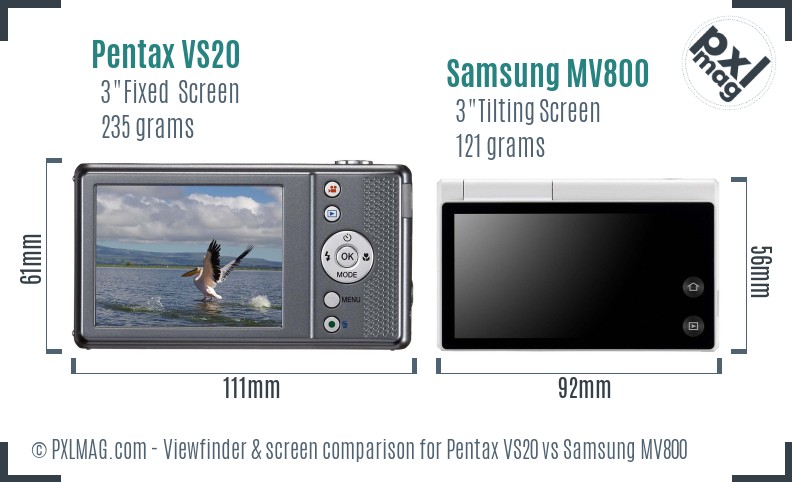 Pentax VS20 vs Samsung MV800 Screen and Viewfinder comparison