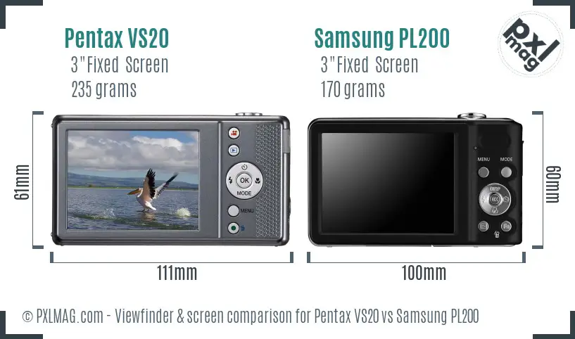 Pentax VS20 vs Samsung PL200 Screen and Viewfinder comparison