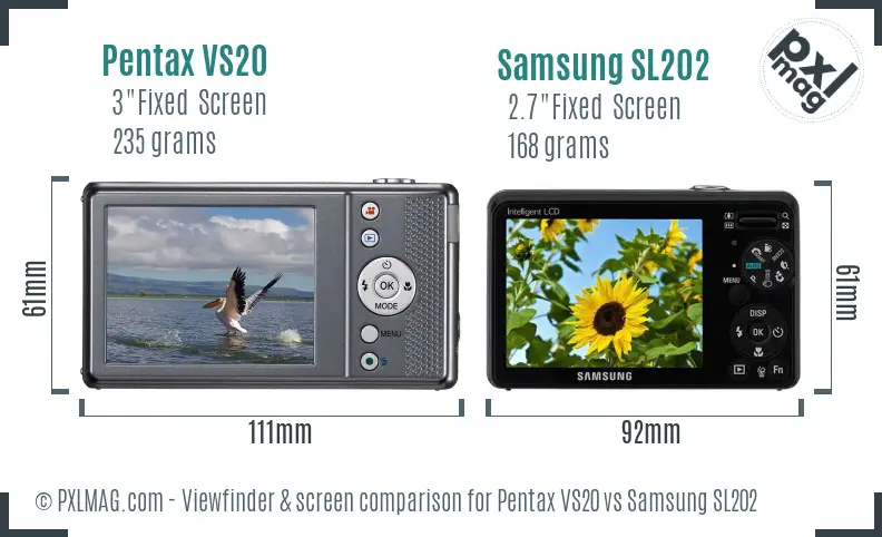 Pentax VS20 vs Samsung SL202 Screen and Viewfinder comparison