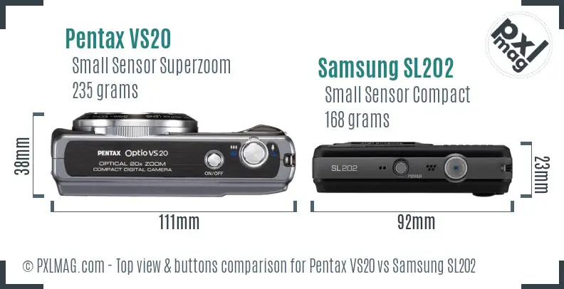 Pentax VS20 vs Samsung SL202 top view buttons comparison