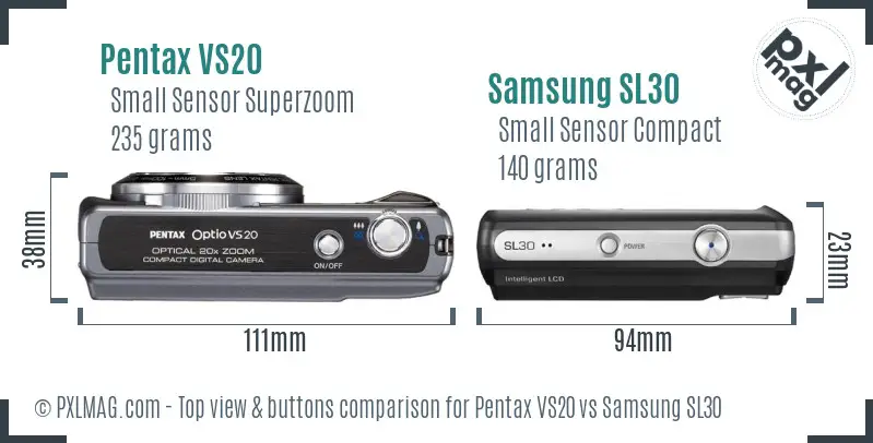 Pentax VS20 vs Samsung SL30 top view buttons comparison Pentax VS20 vs Samsung SL30 top view buttons comparison
