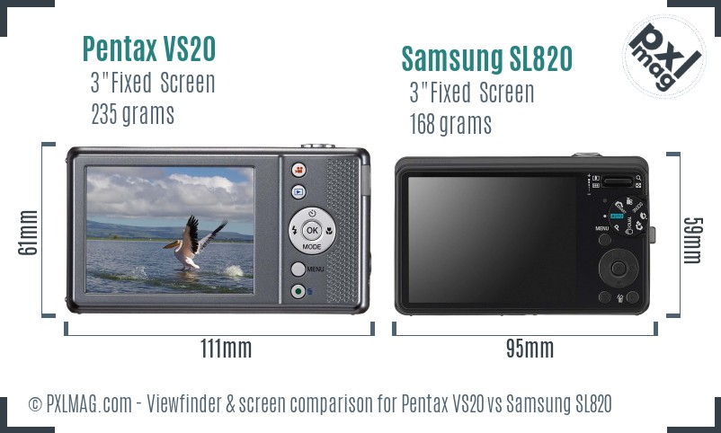 Pentax VS20 vs Samsung SL820 Screen and Viewfinder comparison