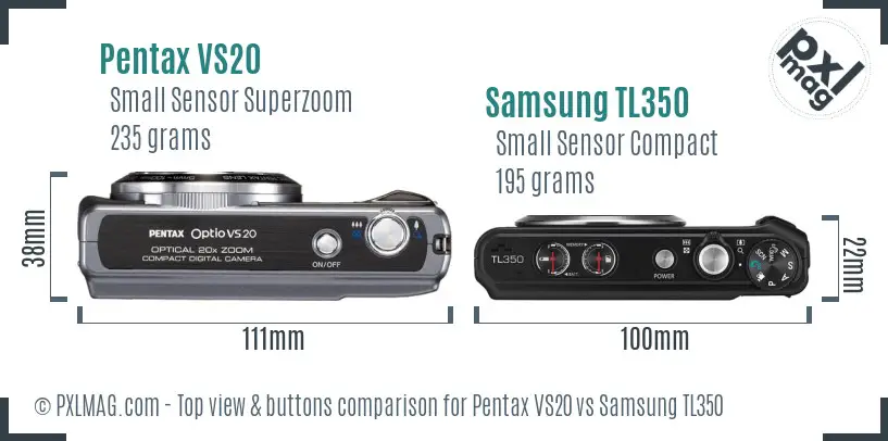 Pentax VS20 vs Samsung TL350 top view buttons comparison Pentax VS20 vs Samsung TL350 top view buttons comparison
