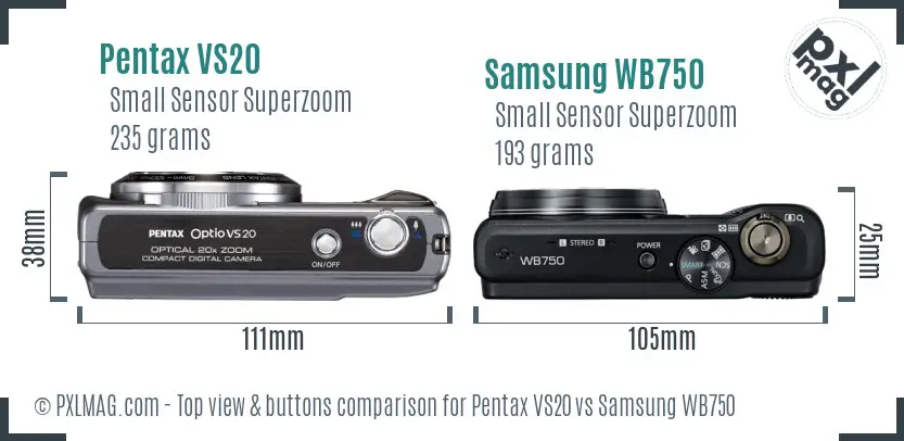 Pentax VS20 vs Samsung WB750 top view buttons comparison