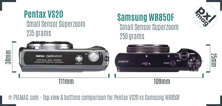 Pentax VS20 vs Samsung WB850F top view buttons comparison