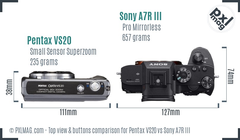 Pentax VS20 vs Sony A7R III top view buttons comparison
