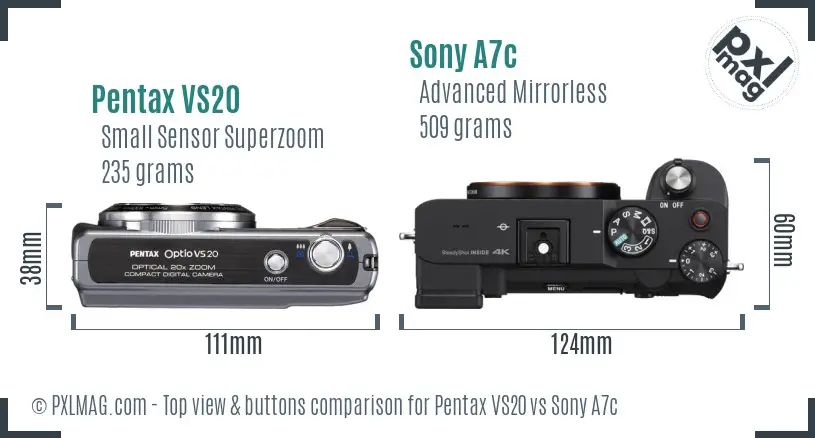 Pentax VS20 vs Sony A7c top view buttons comparison