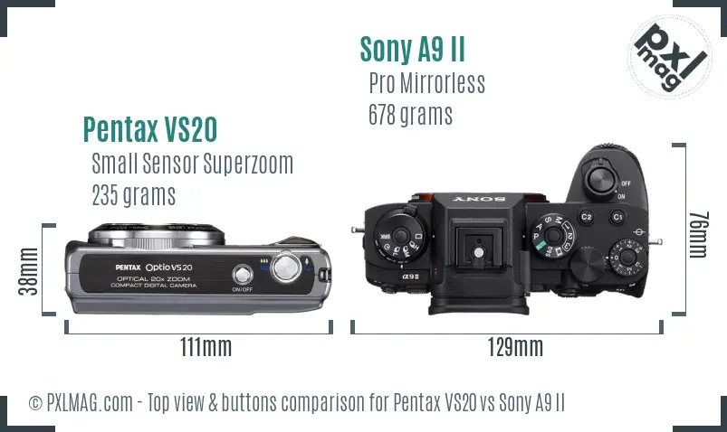 Pentax VS20 vs Sony A9 II top view buttons comparison