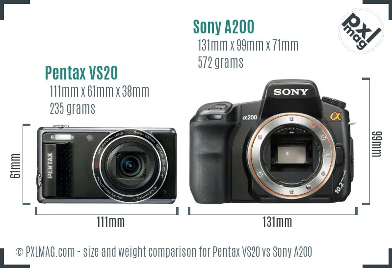 Pentax VS20 vs Sony A200 size comparison