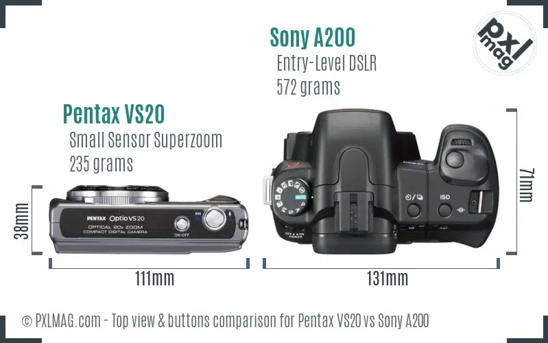 Pentax VS20 vs Sony A200 top view buttons comparison