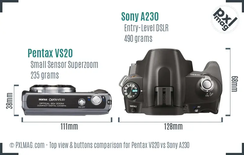 Pentax VS20 vs Sony A230 top view buttons comparison Pentax VS20 vs Sony A230 top view buttons comparison