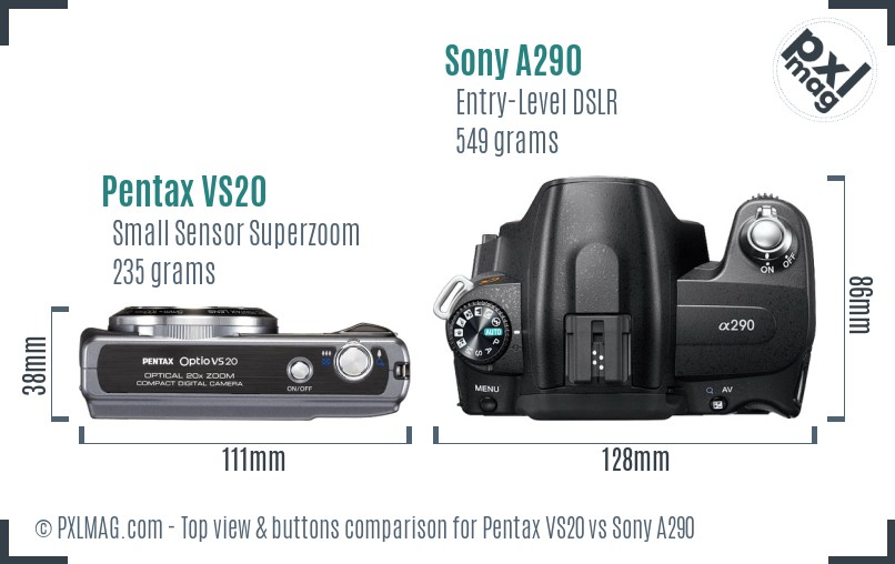 Pentax VS20 vs Sony A290 top view buttons comparison