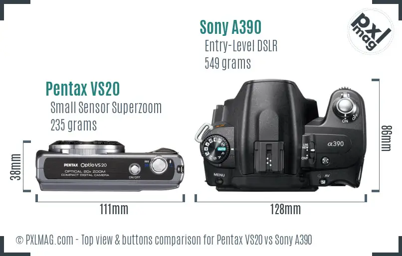Pentax VS20 vs Sony A390 top view buttons comparison