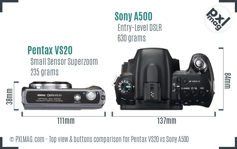 Pentax VS20 vs Sony A500 top view buttons comparison Pentax VS20 vs Sony A500 top view buttons comparison